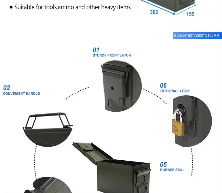 Bullet 9Mm 30+ AMMO Can Waterproof Metal Army Green Ammo Box Steel for Nerf Ammunition Christmas Gifts for Men