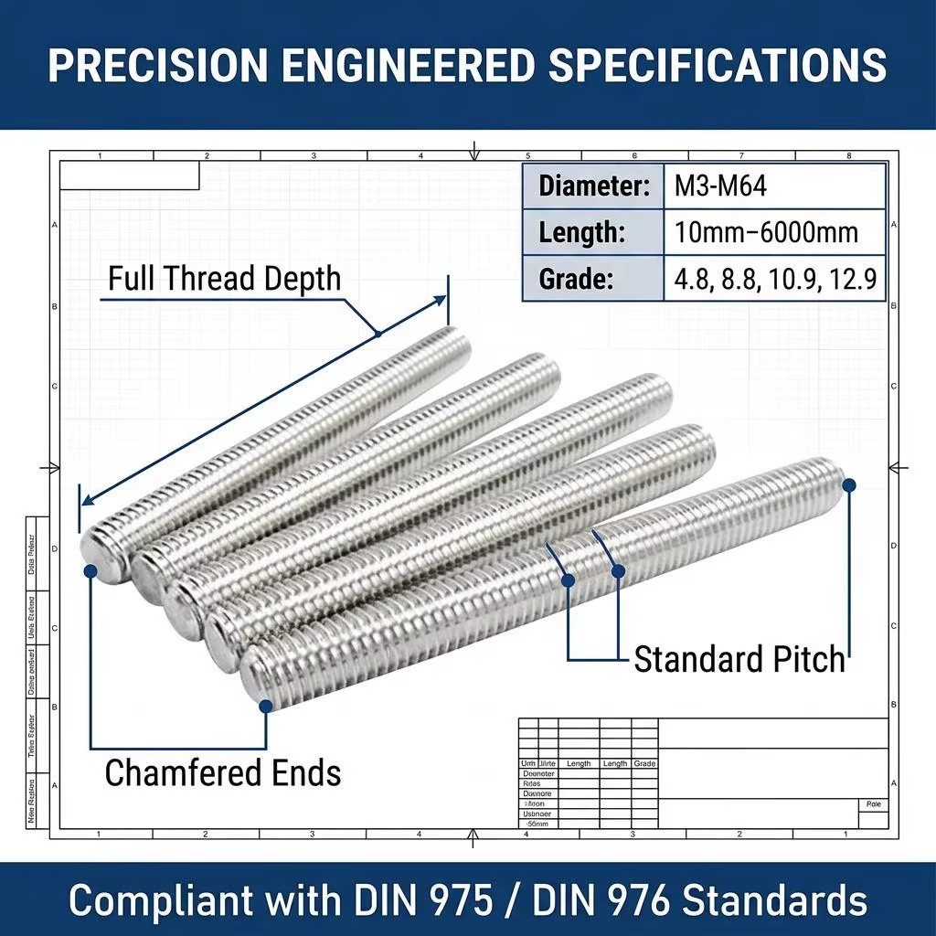 Q235B Carbon Steel M12 Threaded Rod Electro Galvanized Fully Thread Stud Bolt 3M for Construction Fastener