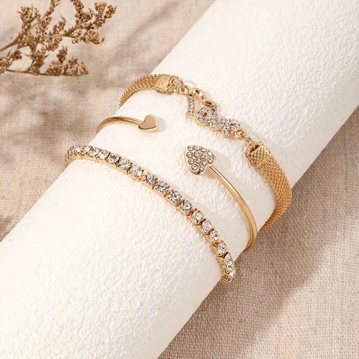 TZ033 New Crystal Bezel Love Heart Bracelet Set with Butterfly Accents - Stackable Dainty Chain Gift for Her
