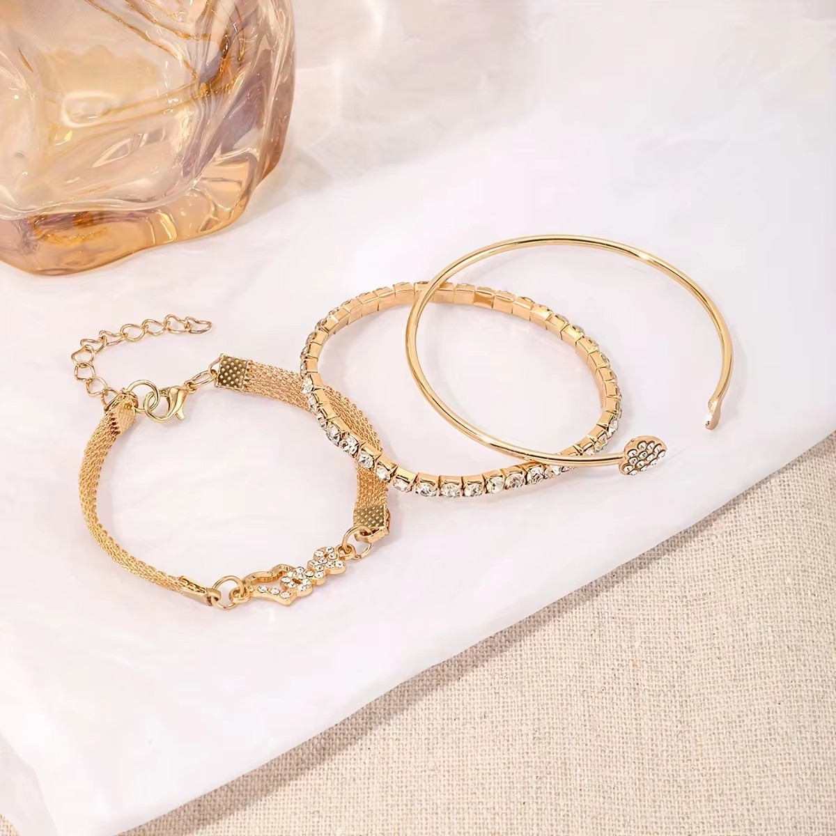 TZ033 New Crystal Bezel Love Heart Bracelet Set with Butterfly Accents - Stackable Dainty Chain Gift for Her