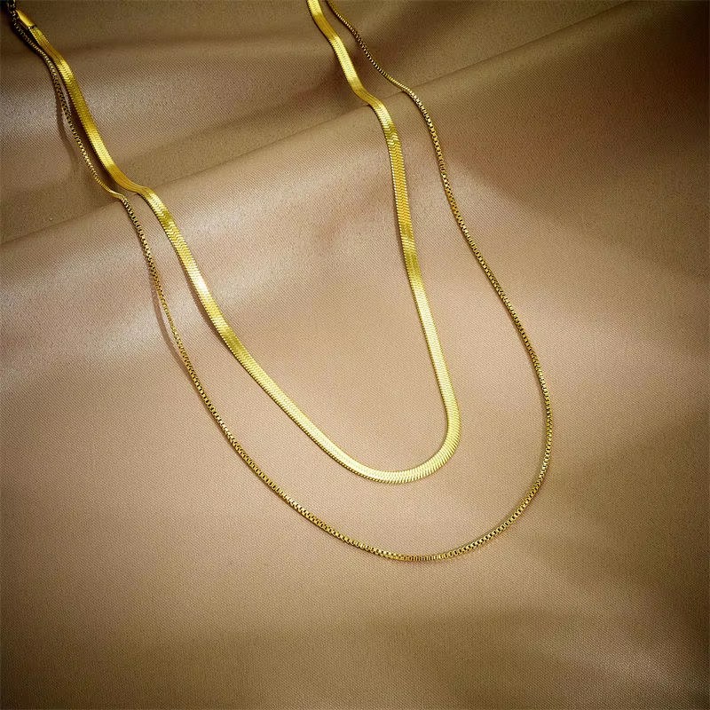 XL027 German Style 18K Gold Flat Snake Chain Double Layer Titanium Steel Snake Rope Choker Necklace with Diamond Luxury Gift