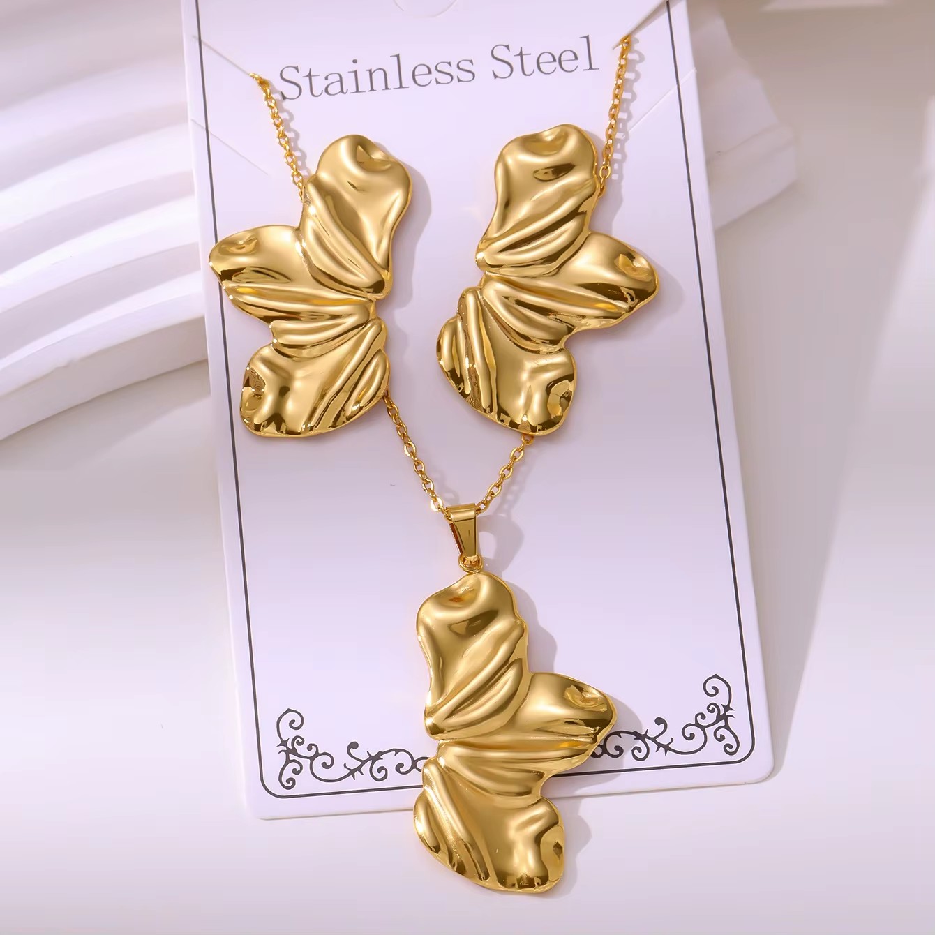 TZ052 Women's Stainless Steel Gold Plated Pearl Necklace and Earring Set Flower Butterfly Irregular Circular Pendant for Gifts