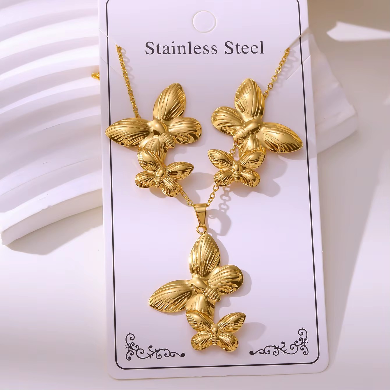 TZ052 Women's Stainless Steel Gold Plated Pearl Necklace and Earring Set Flower Butterfly Irregular Circular Pendant for Gifts