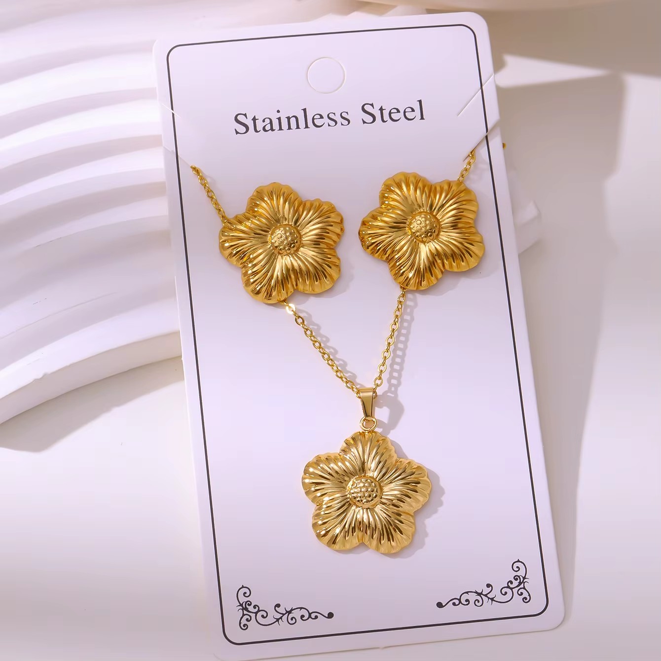 TZ052 Women's Stainless Steel Gold Plated Pearl Necklace and Earring Set Flower Butterfly Irregular Circular Pendant for Gifts