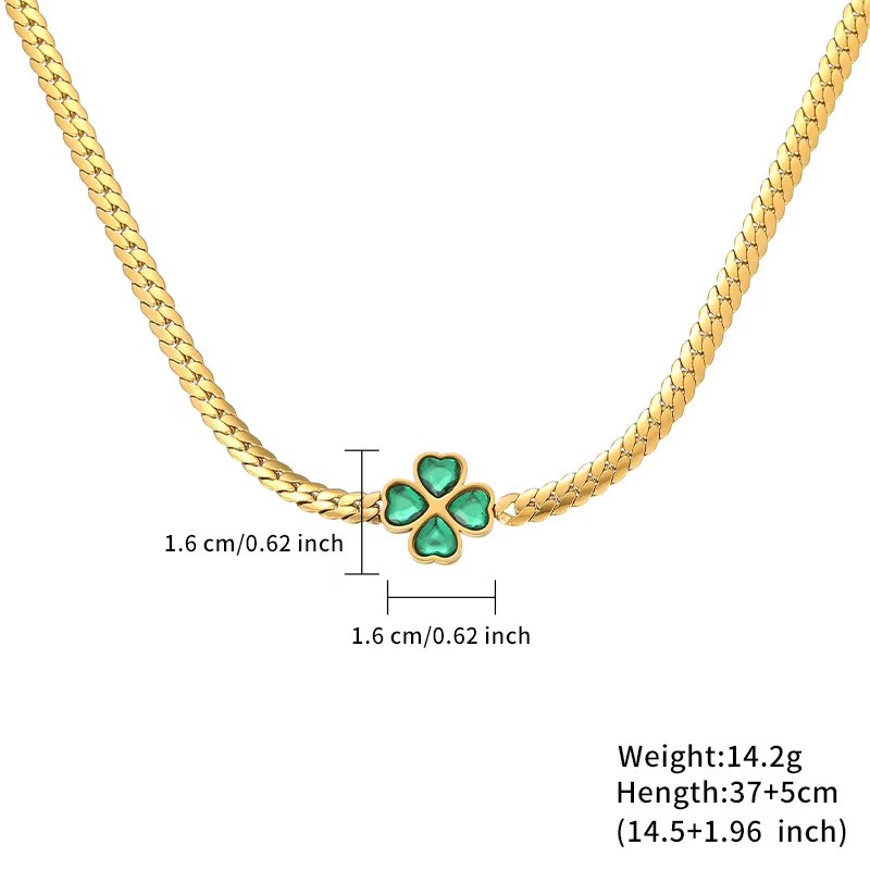 TZ013 Lucky Flower Stainless Steel Jewelry 18K Gold Plated Green CZ Necklace Bracelet Earrings Set Non Tarnish