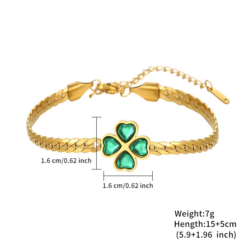 TZ013 Lucky Flower Stainless Steel Jewelry 18K Gold Plated Green CZ Necklace Bracelet Earrings Set Non Tarnish
