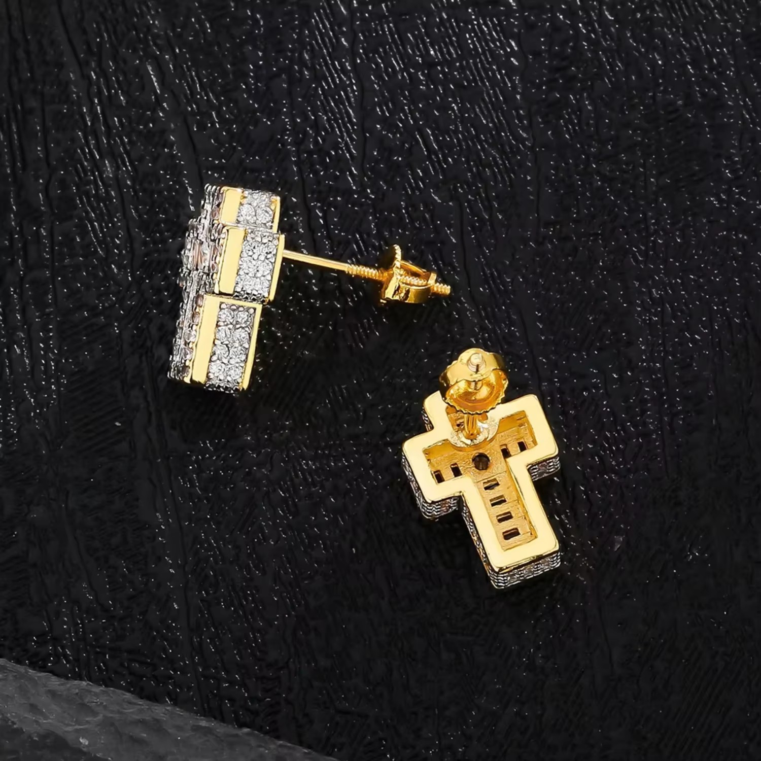 Gold Plated 5A CZ Diamond Earring Christian Men Women Trendy Jewelry Gift Religious Faith Cubic Zirconia Iced Cross Stud Earring