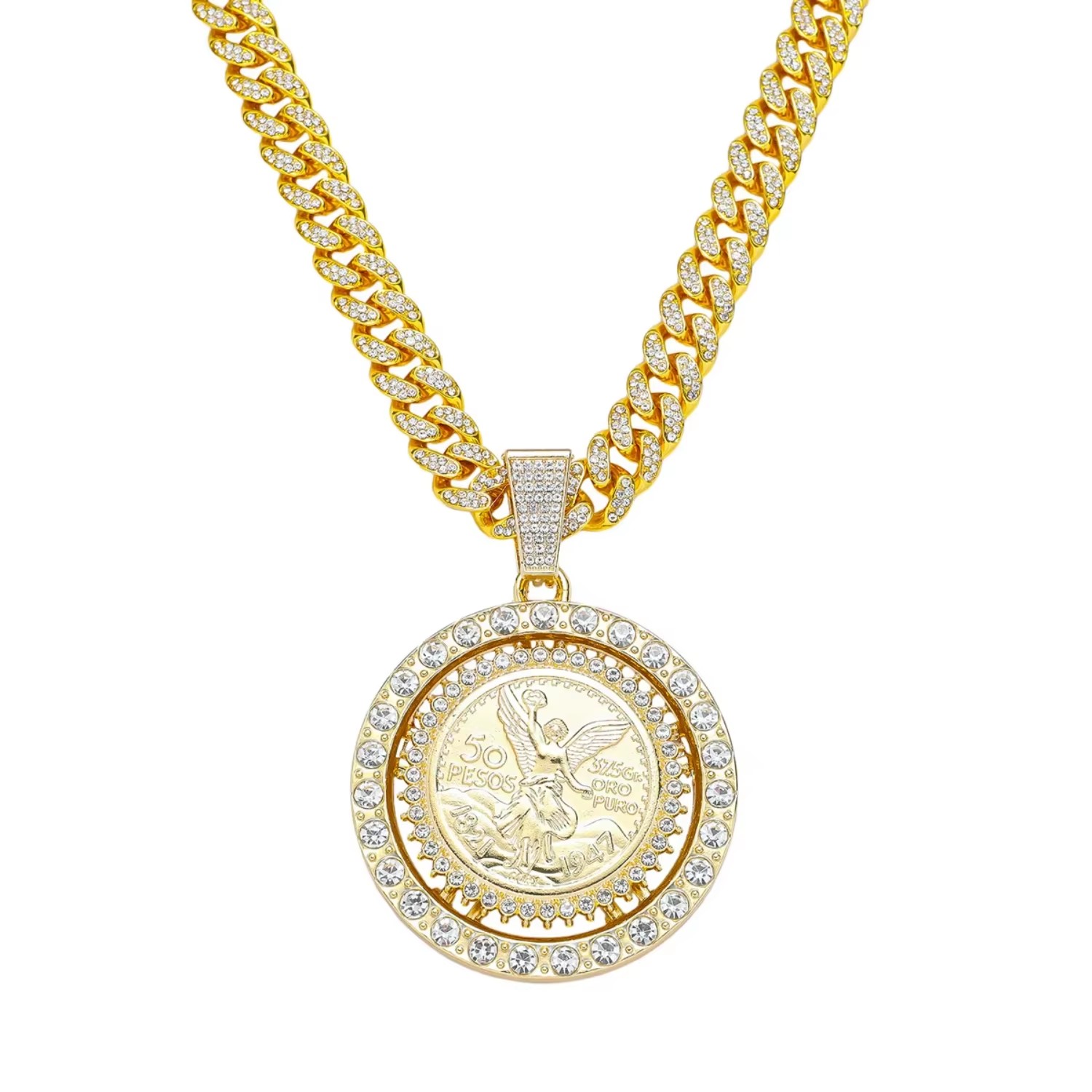 Gold Iced Mexican Coin Pendant Double CZ Border Miami Cuban Chain Hip Hop Men Jewelry
