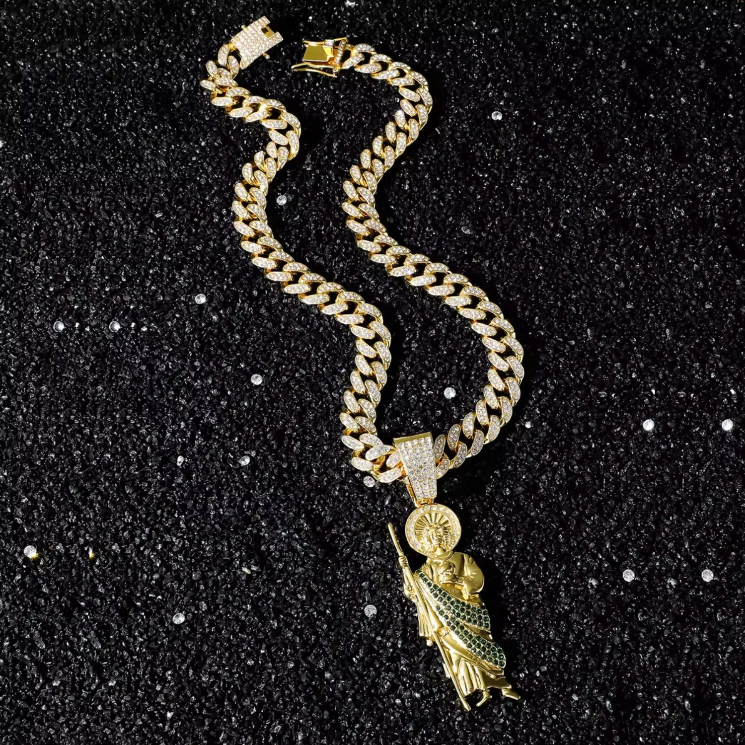 Two Tone Green White CZ Saint Jude Pendant Necklace Iced Miami Cuban Chain Hip Hop Men Jewelry