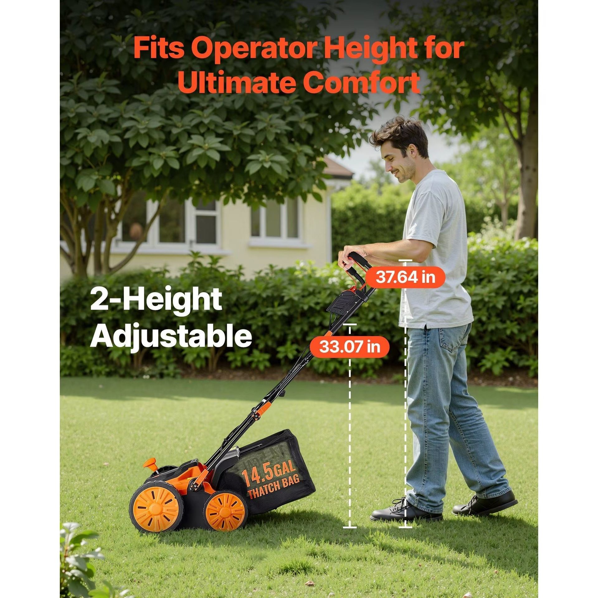 Electric 16 Inch 2 in 1 Scarifier Lawn Mower with 14.5 Gallon Thatch Bag Corded 15 Amp 120 V 15mm Cutting Height