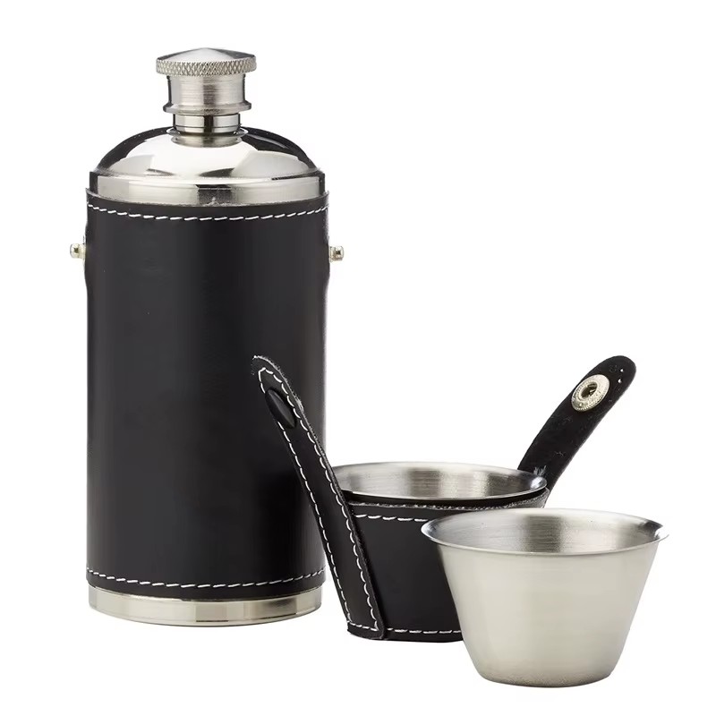 Cylinder Hip Flask, Stainless Steel Hip Flask,8oz 12oz Leather Flask with 4 Cups
