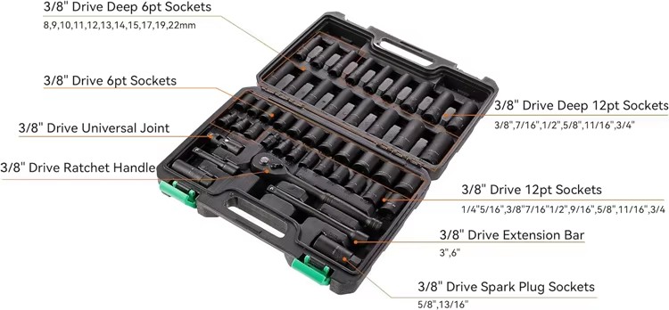 46Pcs 3/8-Inch Drive 6 & 12 Point Deep and Shallow Impact Socket Set 72 Teeth Ratchet Socket Wrench Sets Portable Socket Set Box