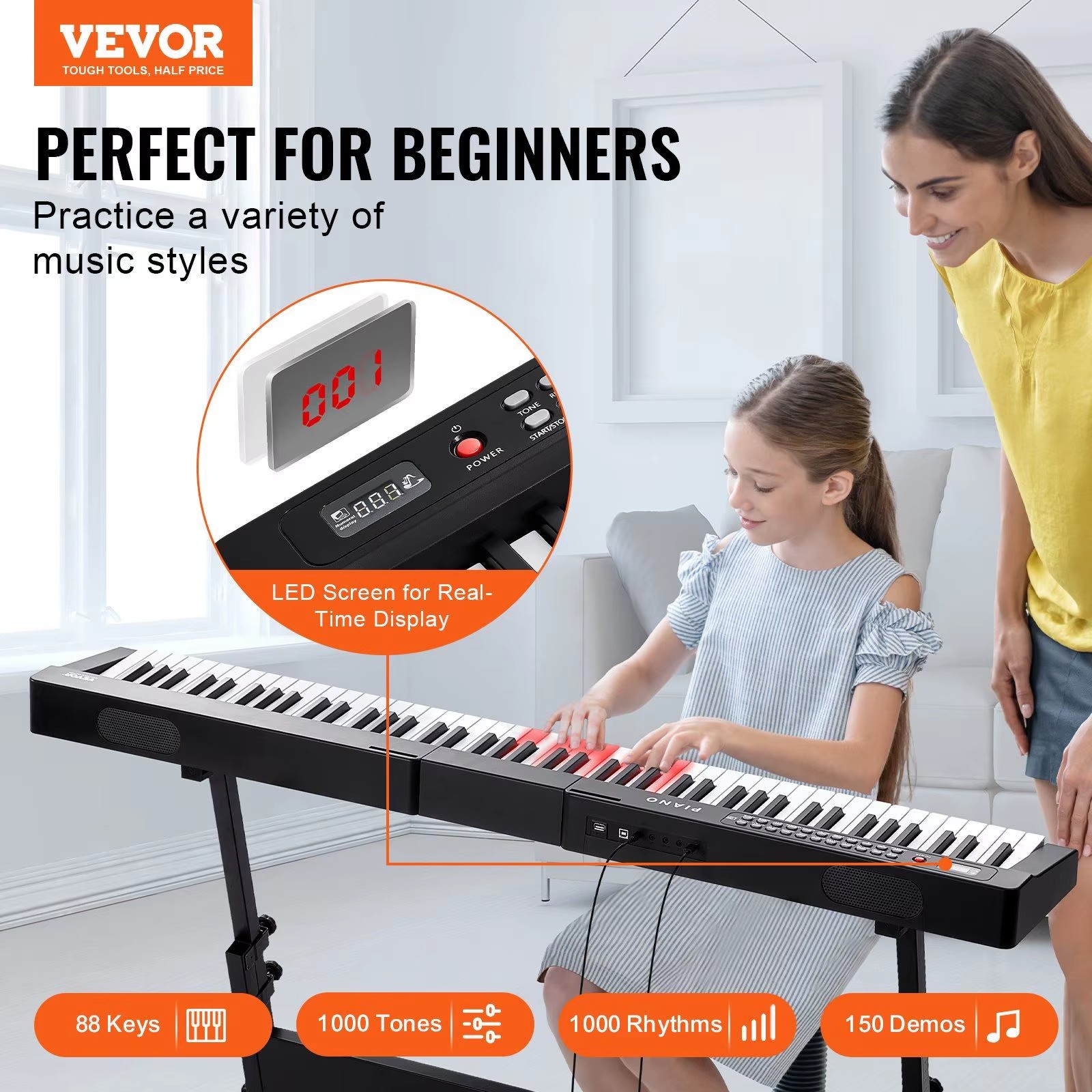 88-Key Digital Piano Keyboard Full Size Semi-Weighted Electric Portable Piano Model D0100HRSLAJ