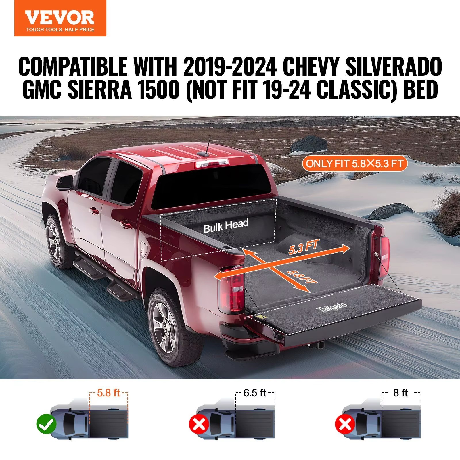 Chevy Silverado Tonneau Cover Soft PVC Roll Up 5.8 X 5.3 Ft Bed Fit 2019-2024 1500 Models