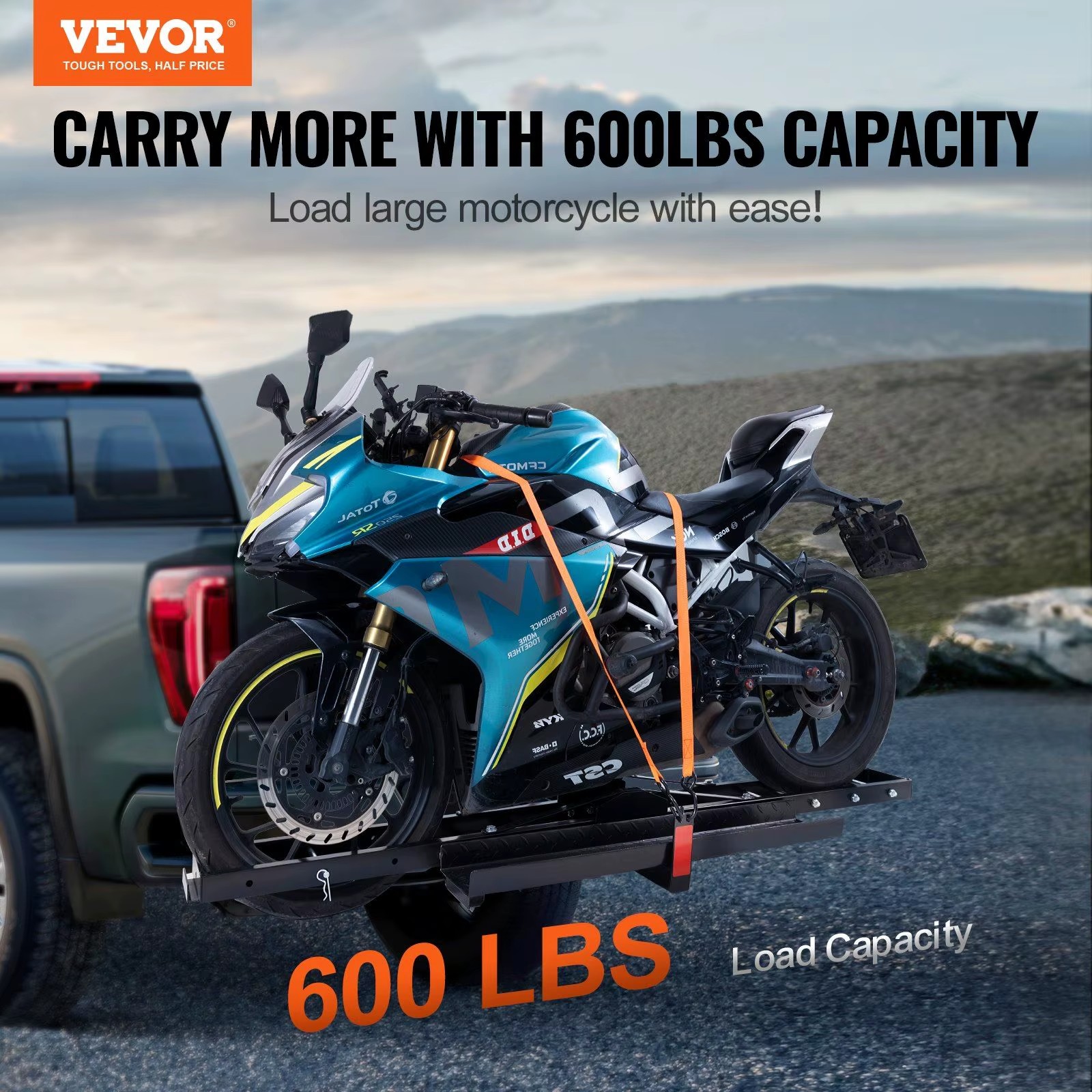 Steel Motorcycle Carrier 600 Lbs Capacity Hitch Mount Ramp Customizable Incline Dirt Bike Scooter Ratchet Straps Stabilizer