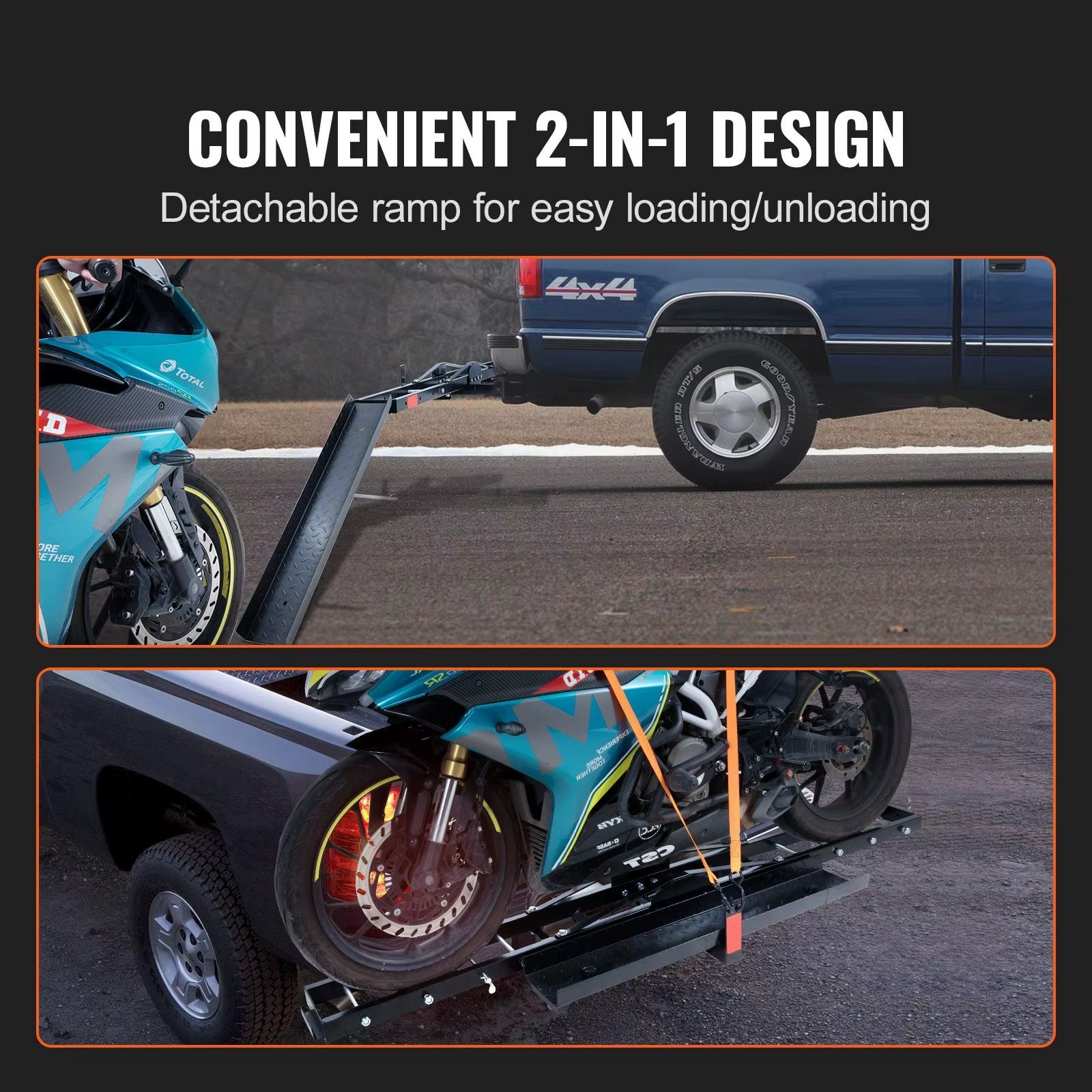 Steel Motorcycle Carrier 600 Lbs Capacity Hitch Mount Ramp Customizable Incline Dirt Bike Scooter Ratchet Straps Stabilizer