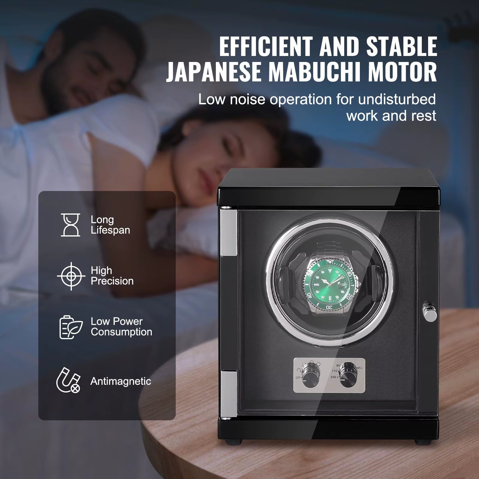 Single Watch Winder Japanese Mabuchi Motor Super Quiet Black PU Shell Blue LED Light Men's Mechanical Watches