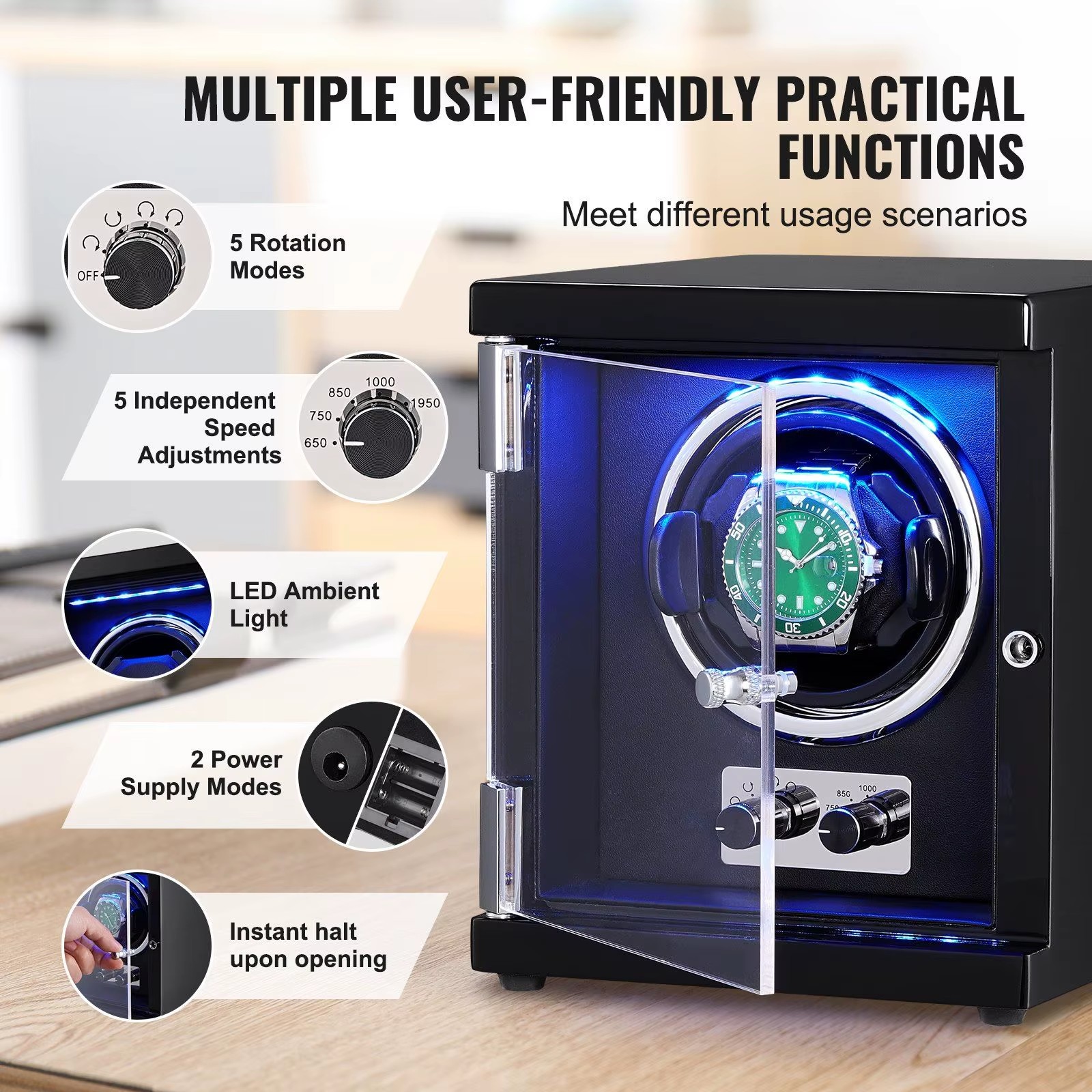 Single Watch Winder Japanese Mabuchi Motor Super Quiet Black PU Shell Blue LED Light Men's Mechanical Watches