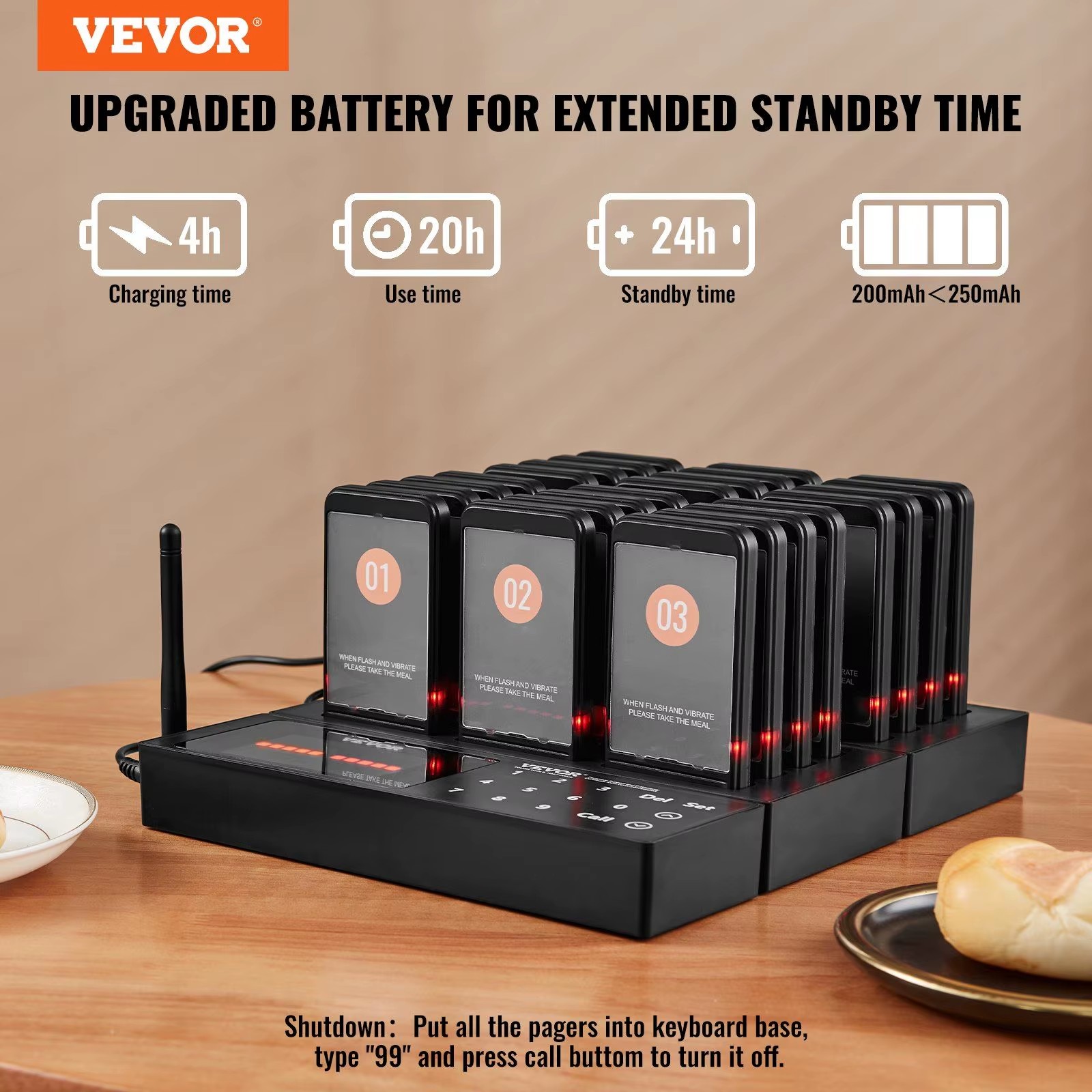 Wireless Restaurant Pager System Model D0100HADQ57 24 Beepers 400m Range Guest Calling Service