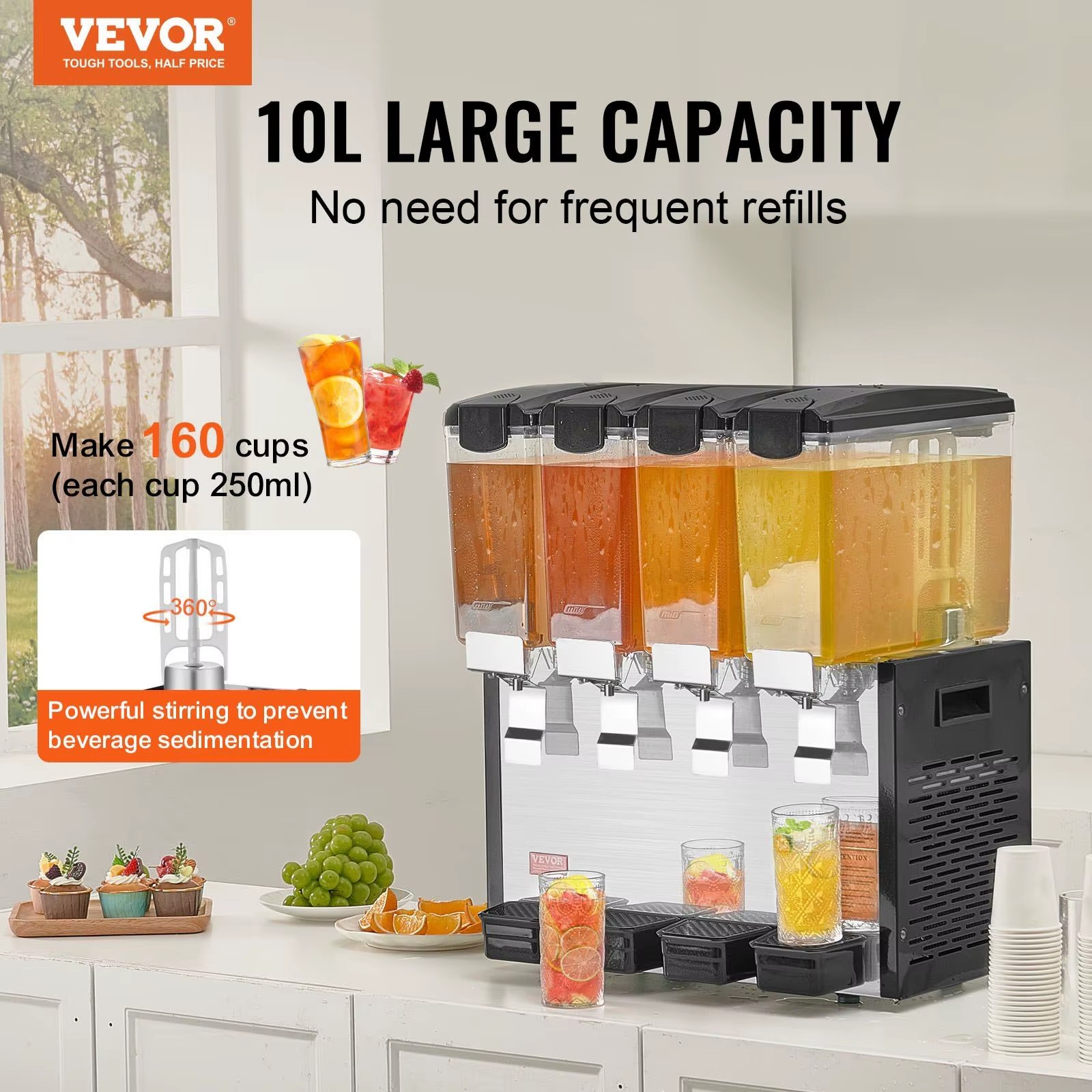 Commercial Beverage Dispenser 16L X 4 Tanks 2 Taps Brushed Metal Cold Juice Cooler Stainless Steel Freestanding Electric EU Plug