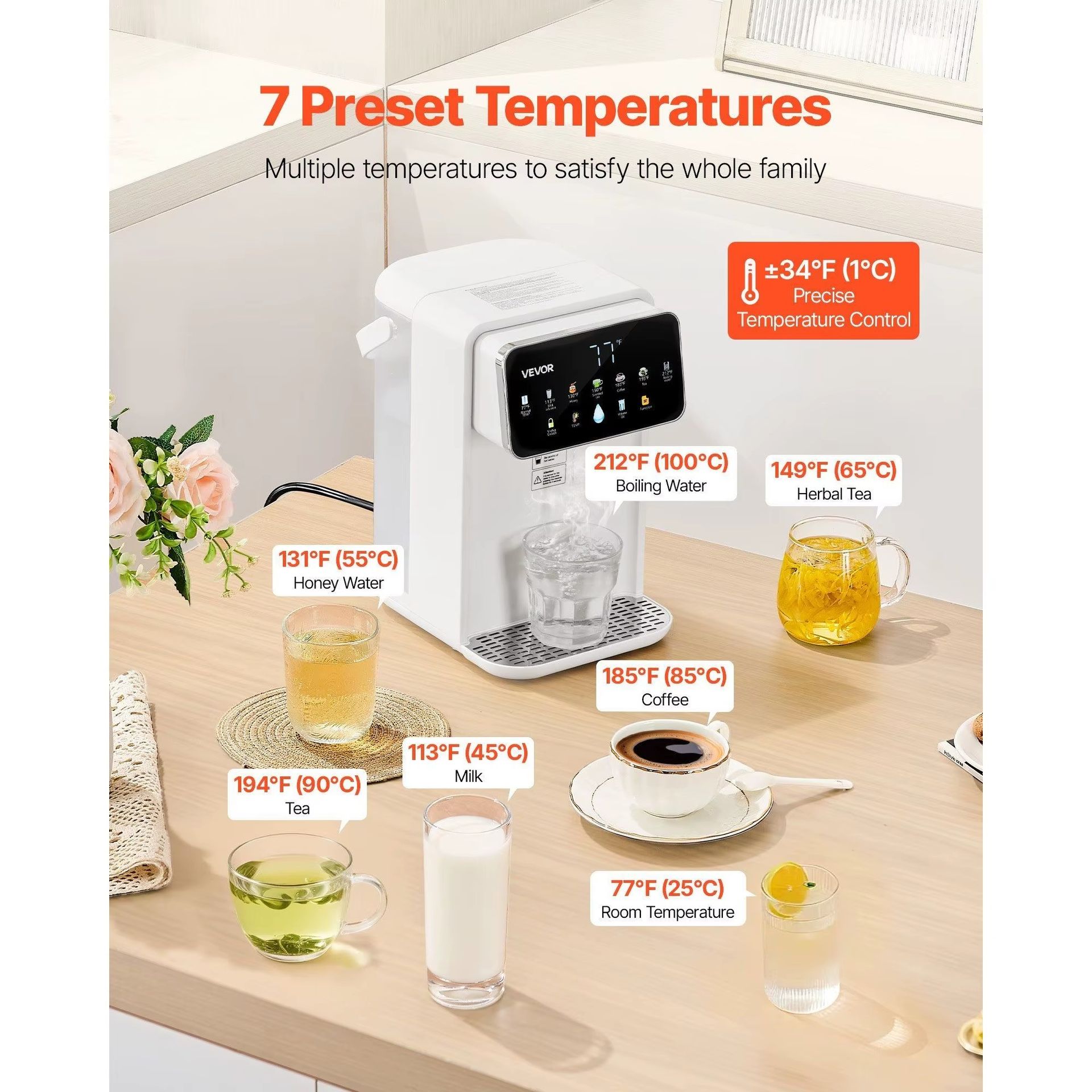 Desktop Water Dispenser 118oz Tank Instant Hot Water 7 Temperatures 7 Volumes Plastic Housing Electric Powered Household Use 1