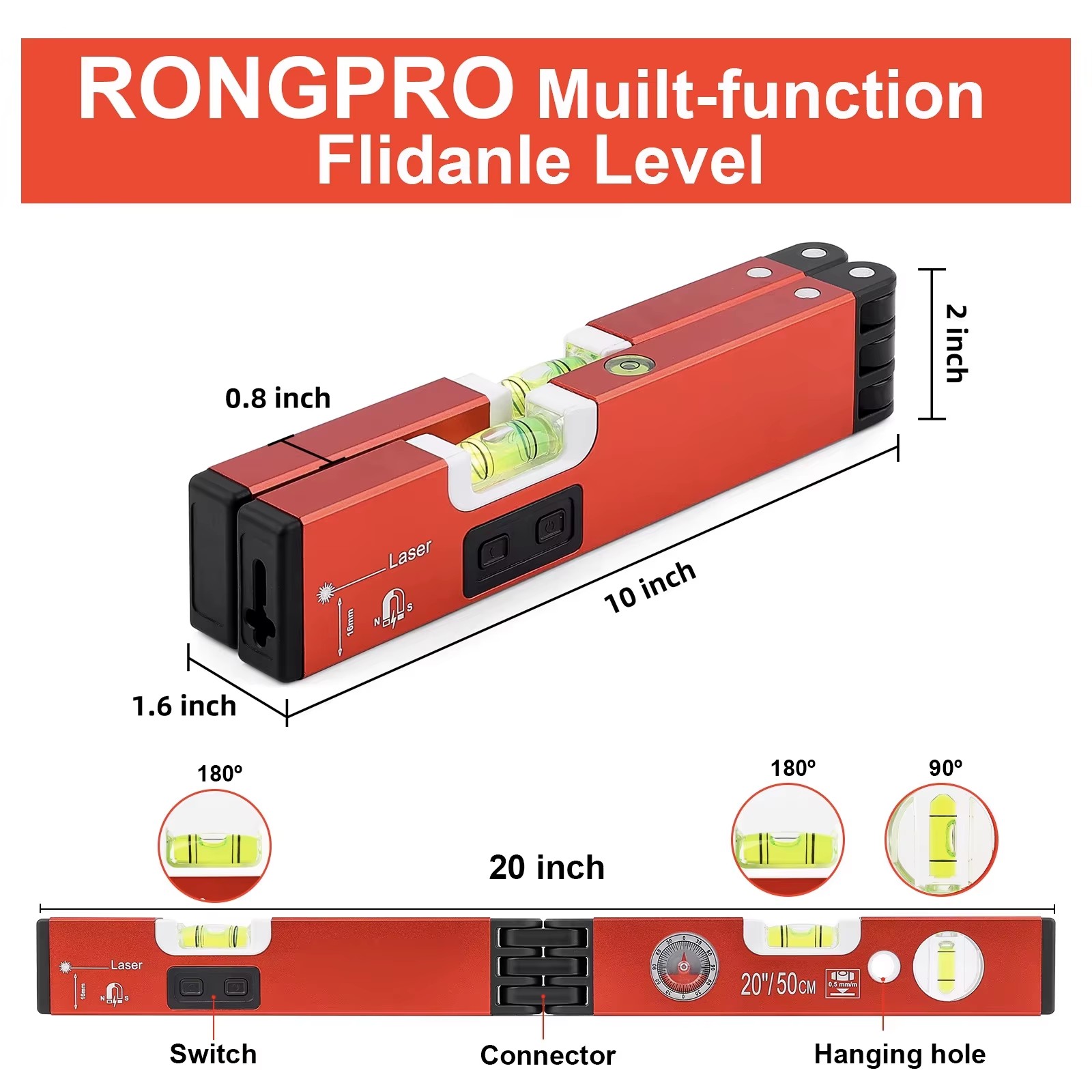 Rongpro Laser Level 20 Inch 50 Cm Magnetic Angle Measuring Tool For Diy And Construction