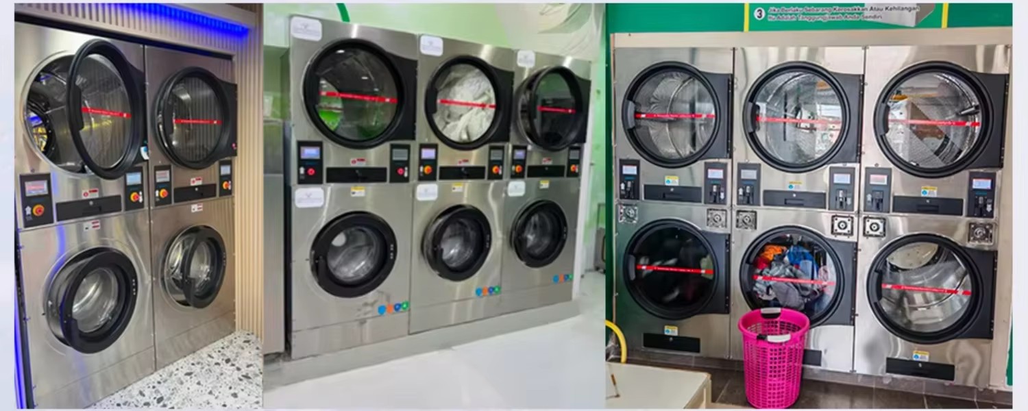 Stacked Washer Dryer Gas-Powered Continuous Commercial Laundry Equipment for Self-Service Laundromats Apartments Hotels