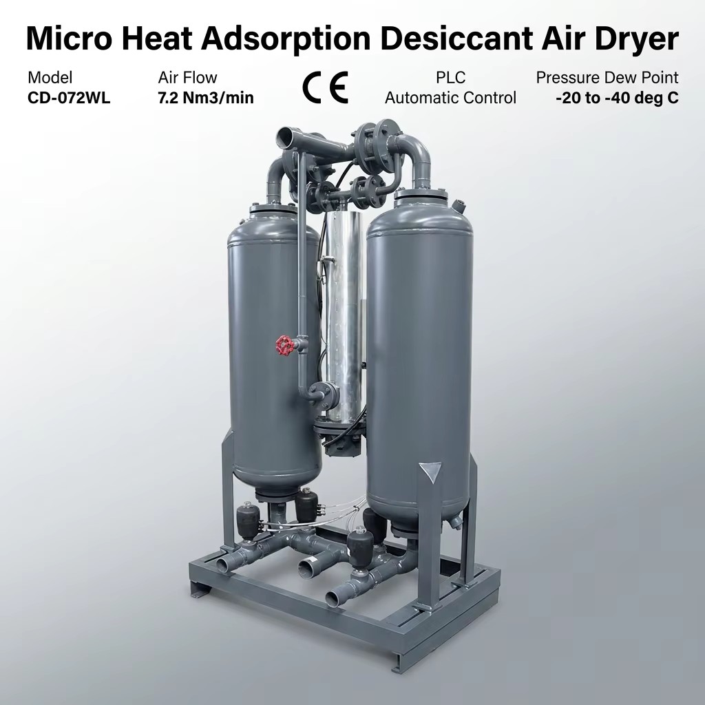 Micro Heat Regenerative Adsorption Dryer 7.2Nm3 Min Desiccant Air Dryer PLC Control 220V 3kW for Industrial Compressed Air