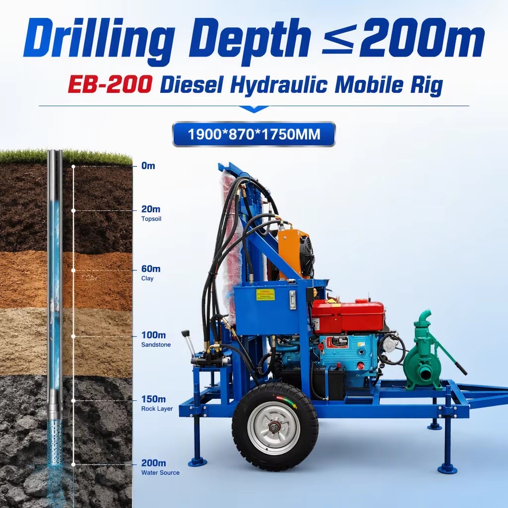 Hot Selling 200m Diesel Hydraulic Portable Water Well Drill Rig Drilling Machine Mine Drilling Rigs