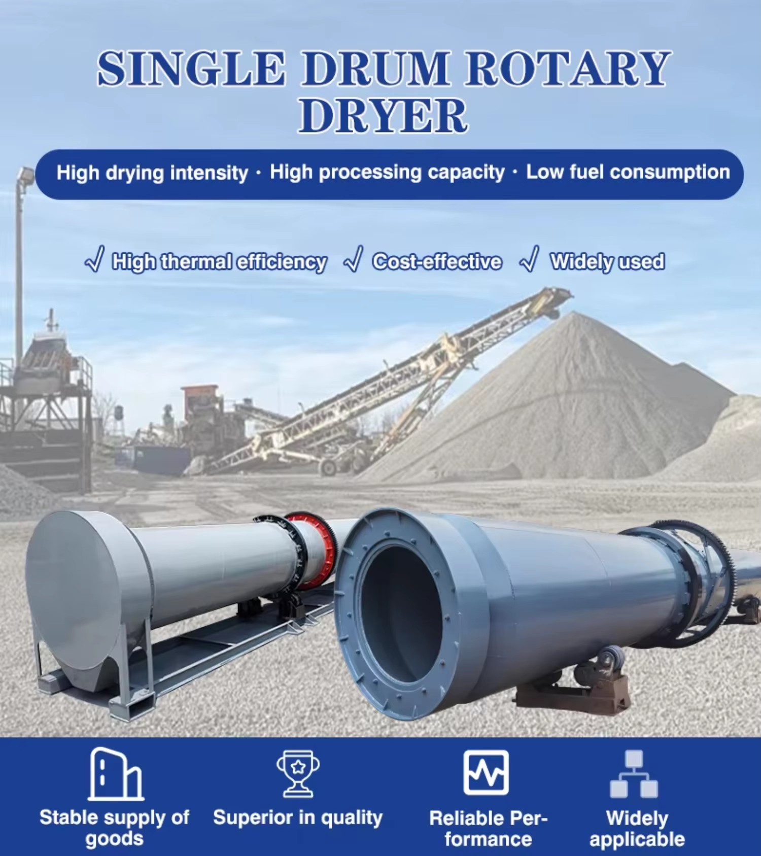 Cheap Stable Mineral Processing Plant Ore Powder Single Drum Rotary Dryer with Electric Heating Motor & Bearing