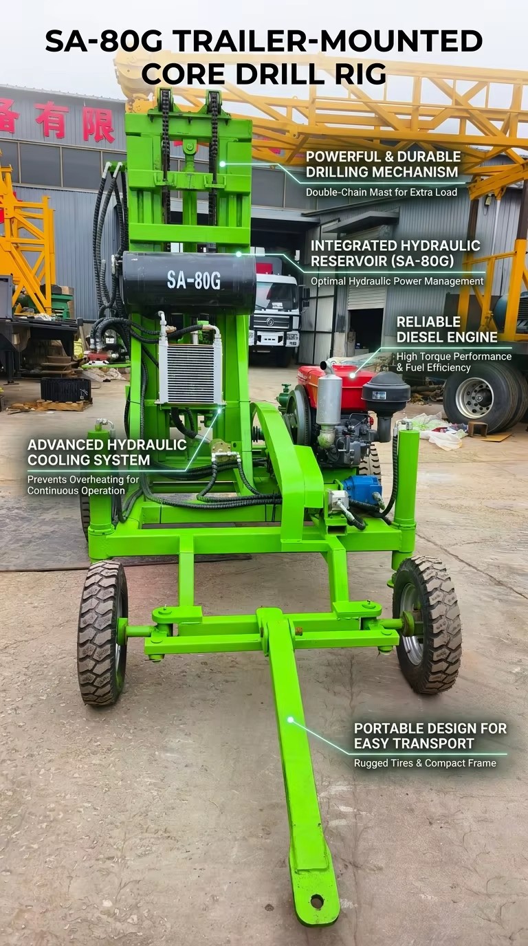 Small Portable Hydraulic Diesel 32HP Rotary Borehole Water Well Drill Rig Gearbox Max 200m Depth 75-300mm Diameter Wheels Farm