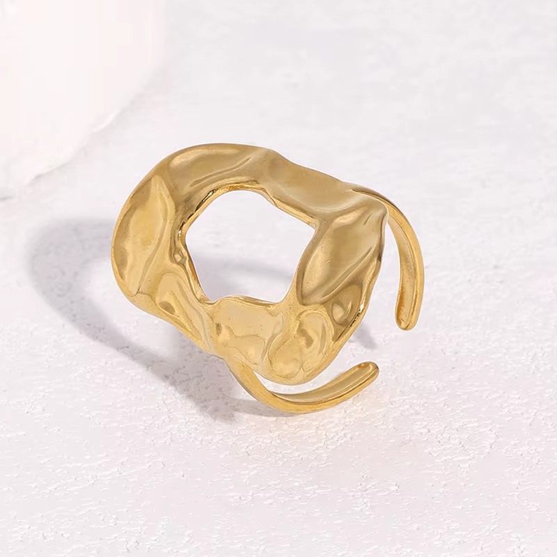 Fashion Minimalist Geometric Stainless Steel Ring Irregular Design 18K Gold Plated Textured Opening Finger Ring Women Jewelry