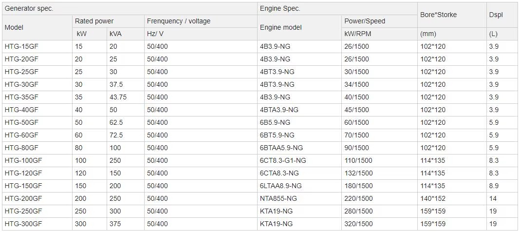 20kw 30kw 50kw 100kw 200kw 300kw 500kva 1 Mw Gas Powered Electric Generators