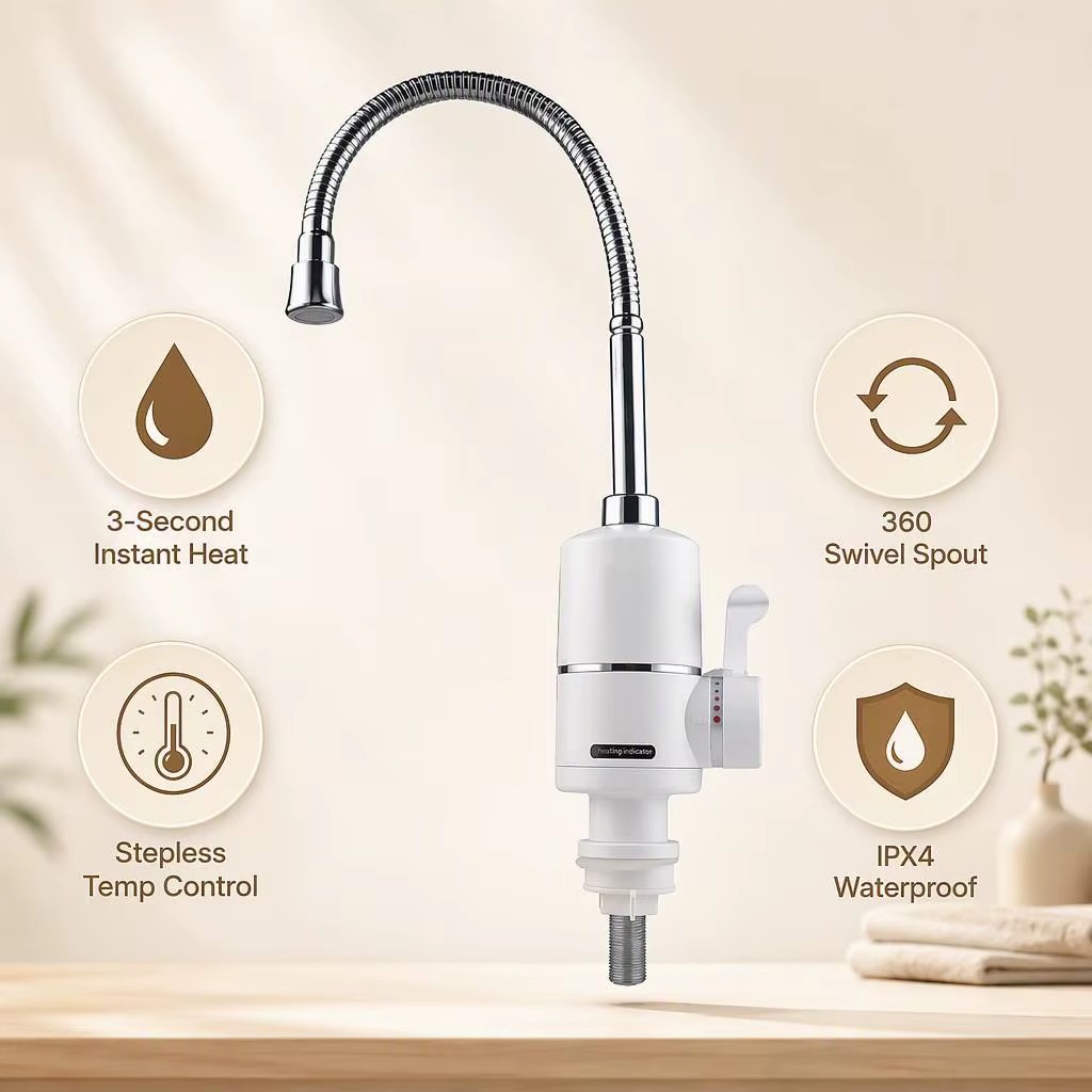 Instant Water Heater Faucet Electric Gooseneck Tap 3000W Quick Heat Heating Indicator 360 Swivel Kitchen Sink OEM