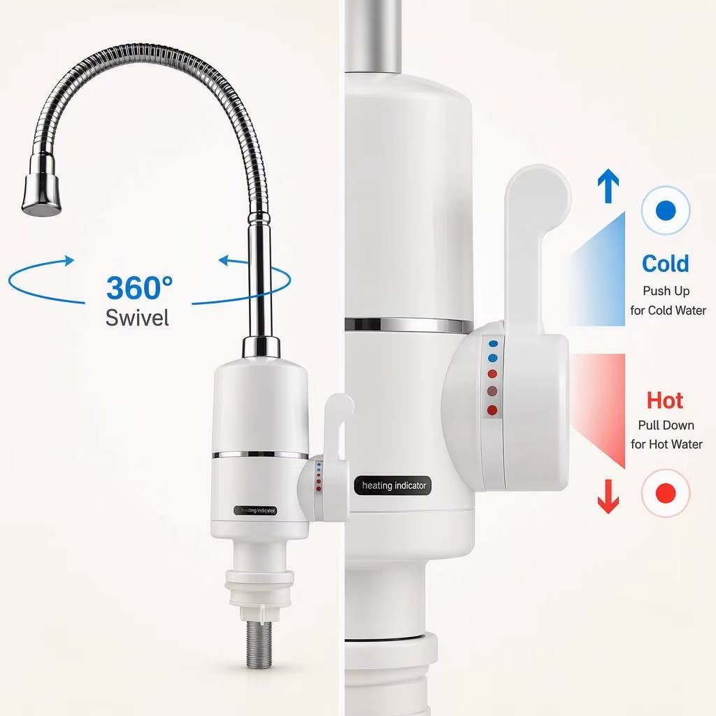 Instant Water Heater Faucet Electric Gooseneck Tap 3000W Quick Heat Heating Indicator 360 Swivel Kitchen Sink OEM