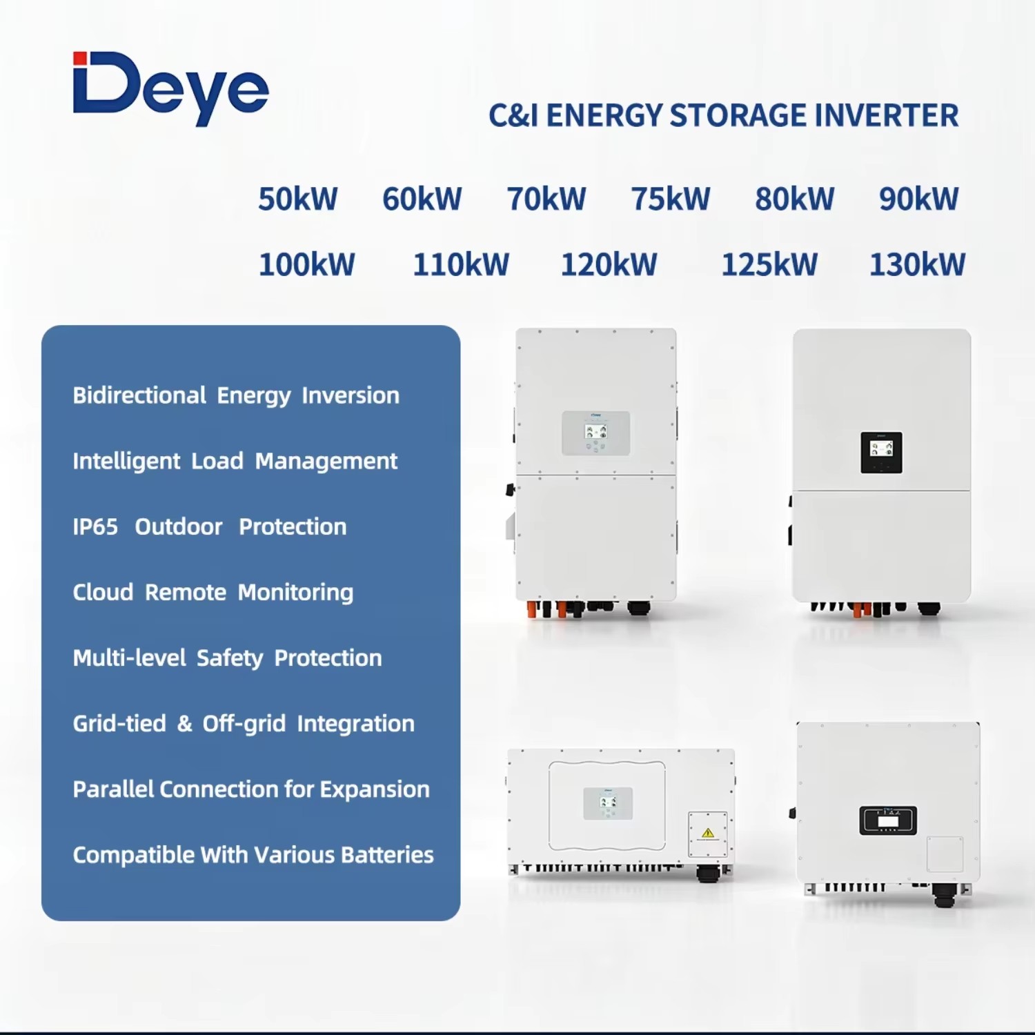 Deye Hybrid Solar PV Power System 30kW 50kW 100kW 125kW Three Phase Inverter Commercial Energy Storage for Factory Plant Grid
