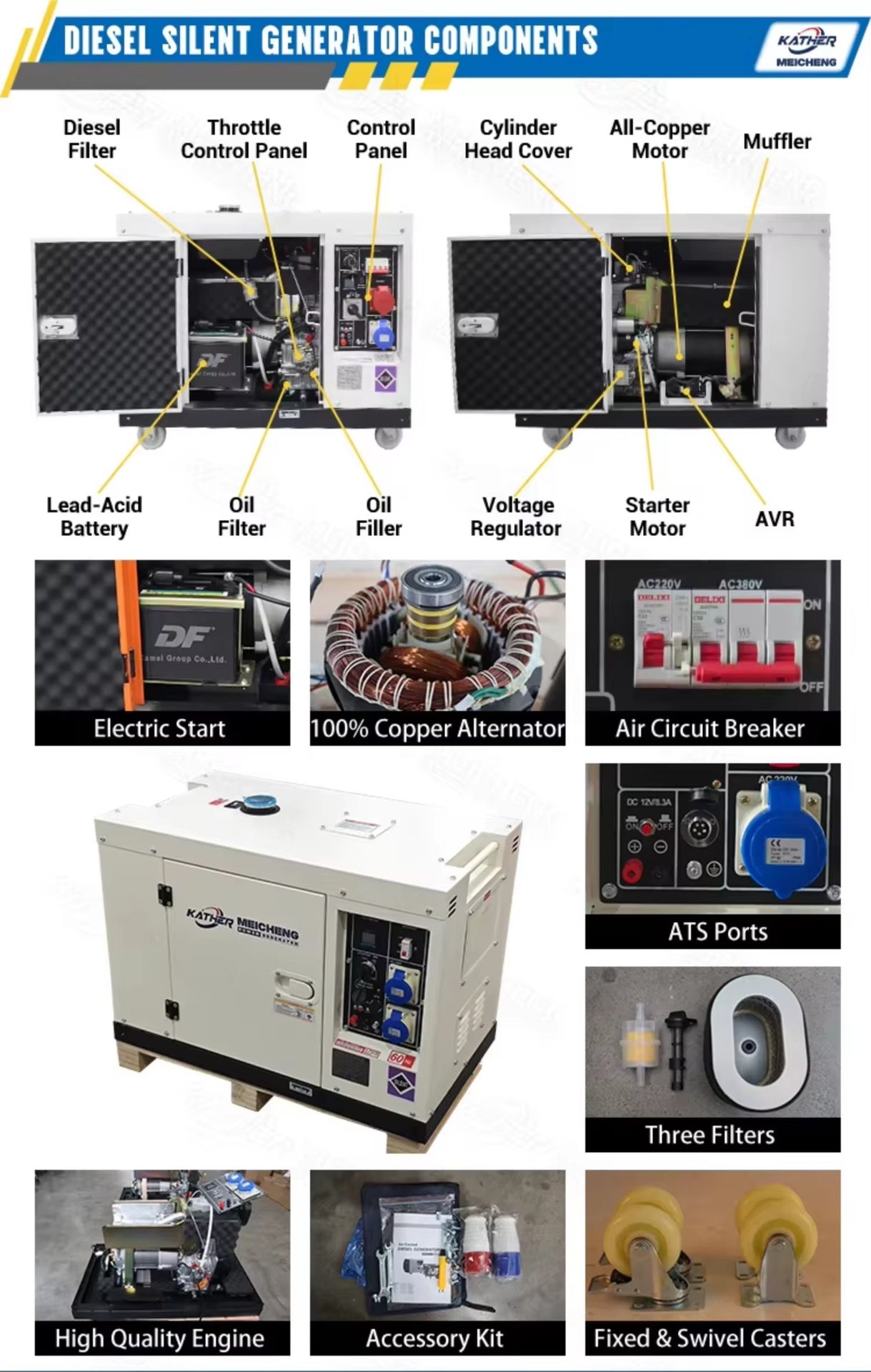 KATHER New Silent Diesel Generator Set 5kw 8kva 10kva 12kva All Copper Alternateur 220v 10kw Silent Generador Electrico Portatil