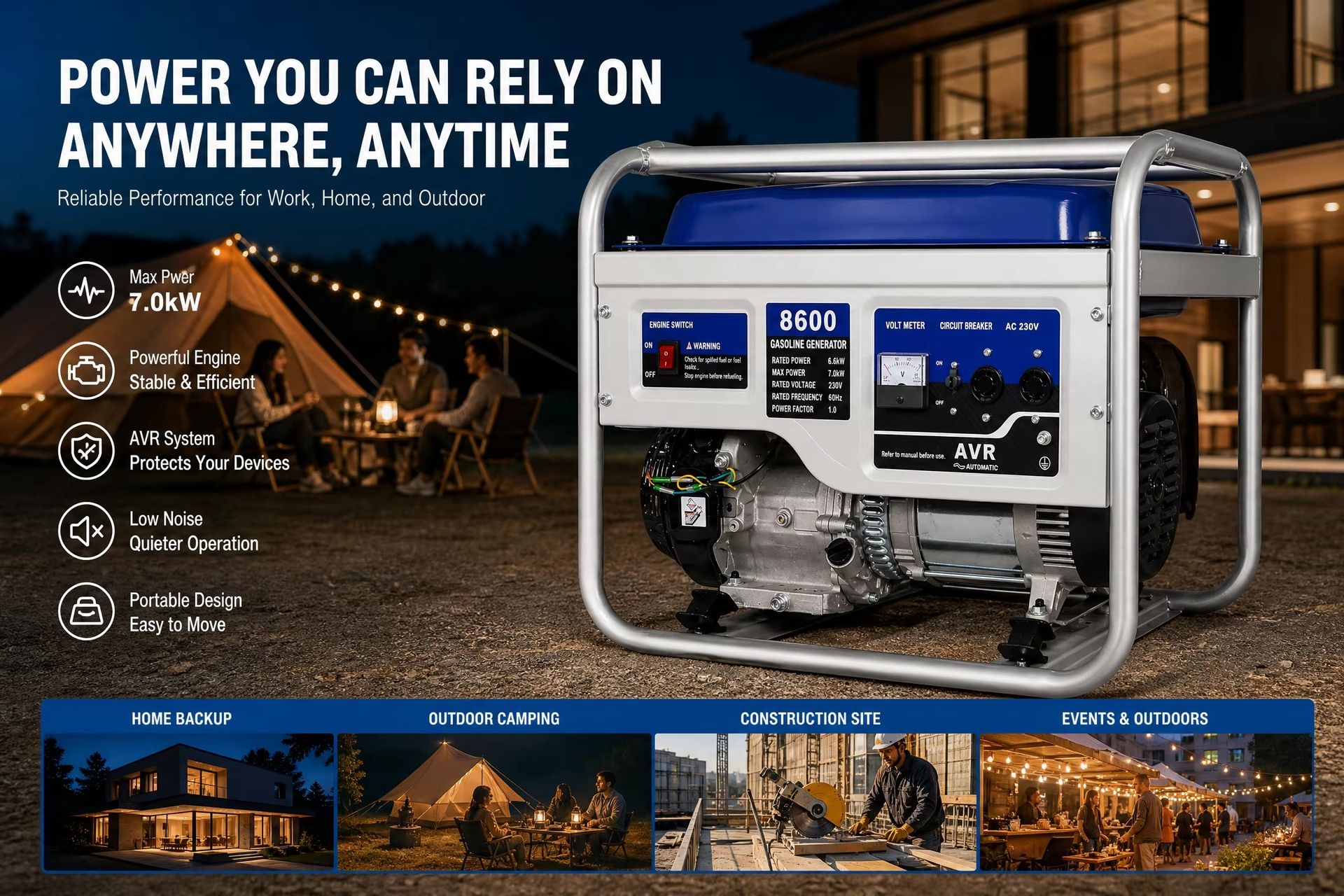 KINJADE K7500GO 6.5/7.0/7.5KW Portable Mini Petrol Generator 25L Fuel Tank Eco-Friendly Electric Start for Construction Home Use