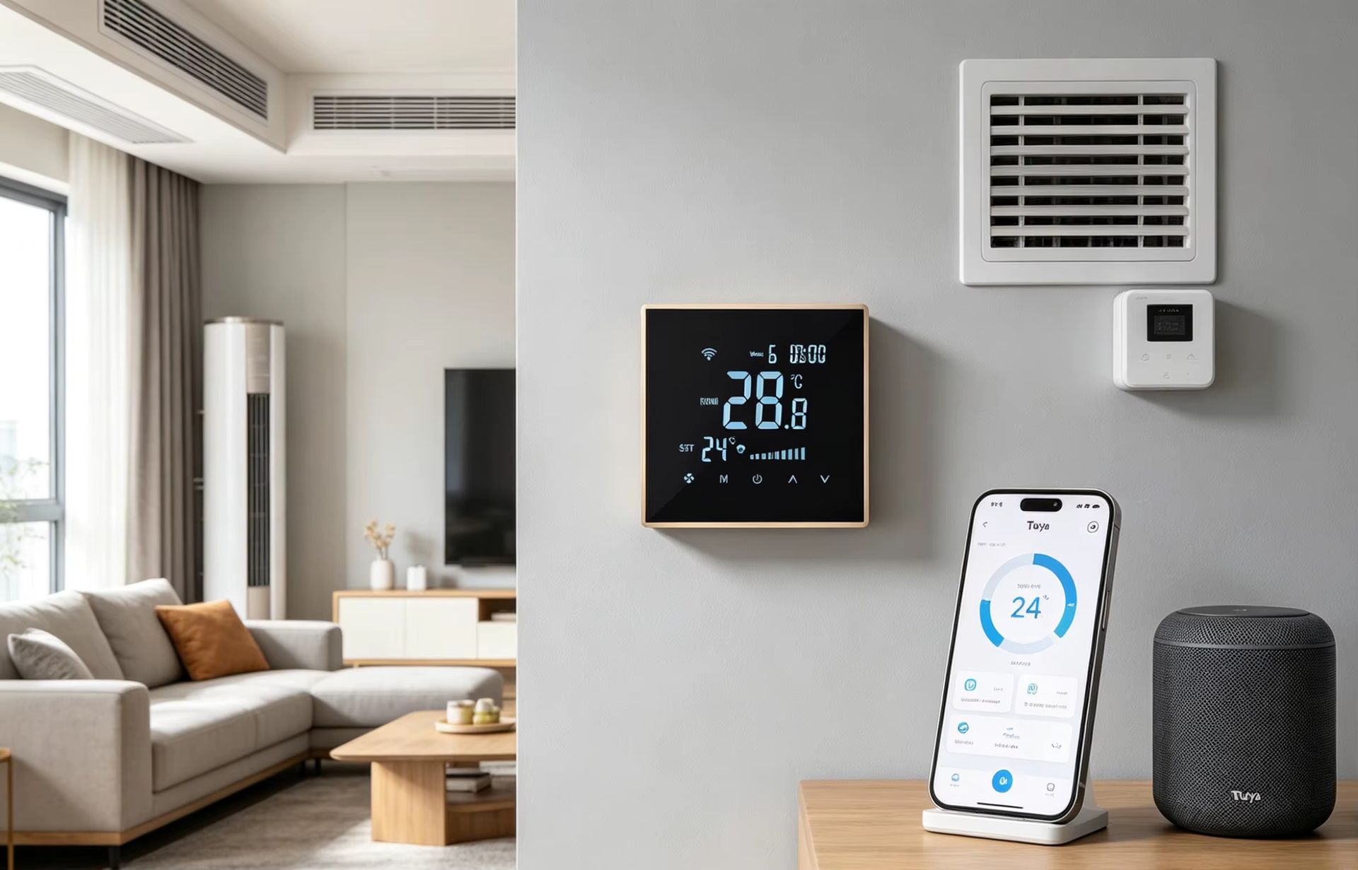 Smart WiFi Brushless Fan Coil Thermostat for HVAC Central Air & Underfloor Heating, Compatible with Tuya, Alexa, Google Home