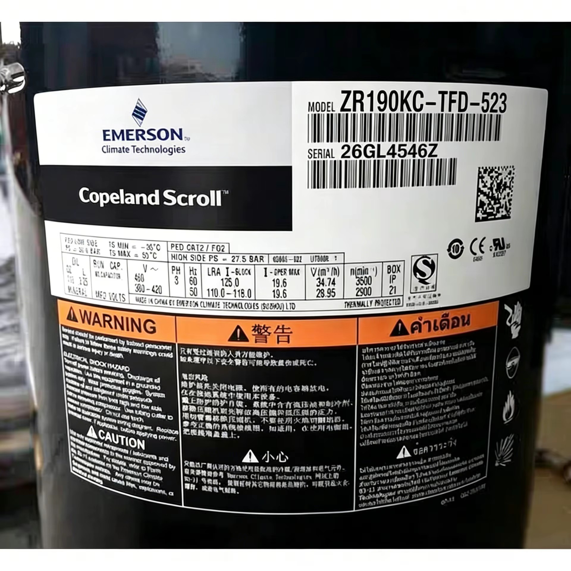 Copeland Scroll Compressor ZR190KC-TFD-522 For Cold Storage