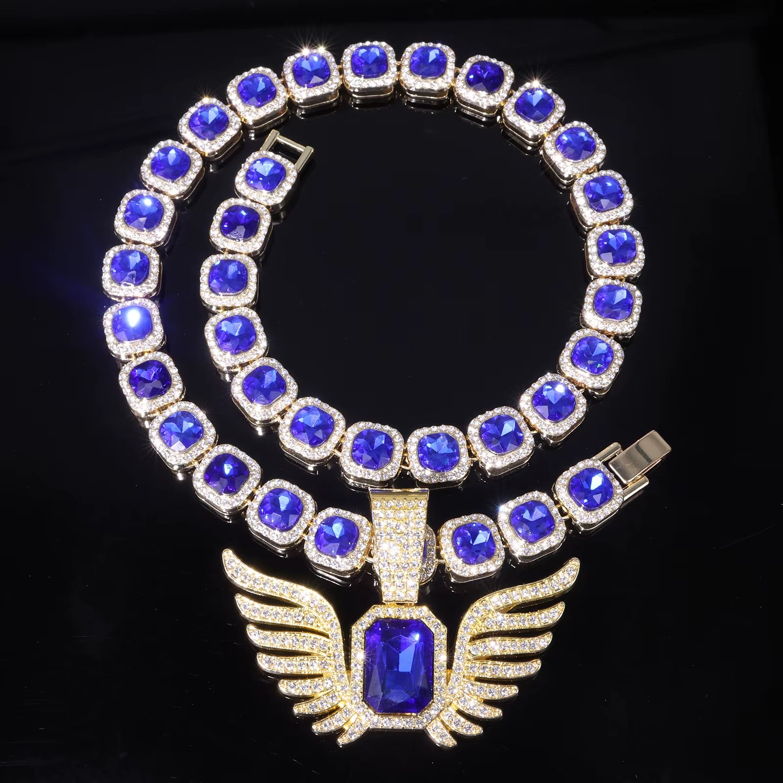Multi Color Angel Wing Pendant Zinc Alloy Emerald Cut Green Red Blue Tennis Chain Full Rhinestone Gold Plated Hip Hop Necklace