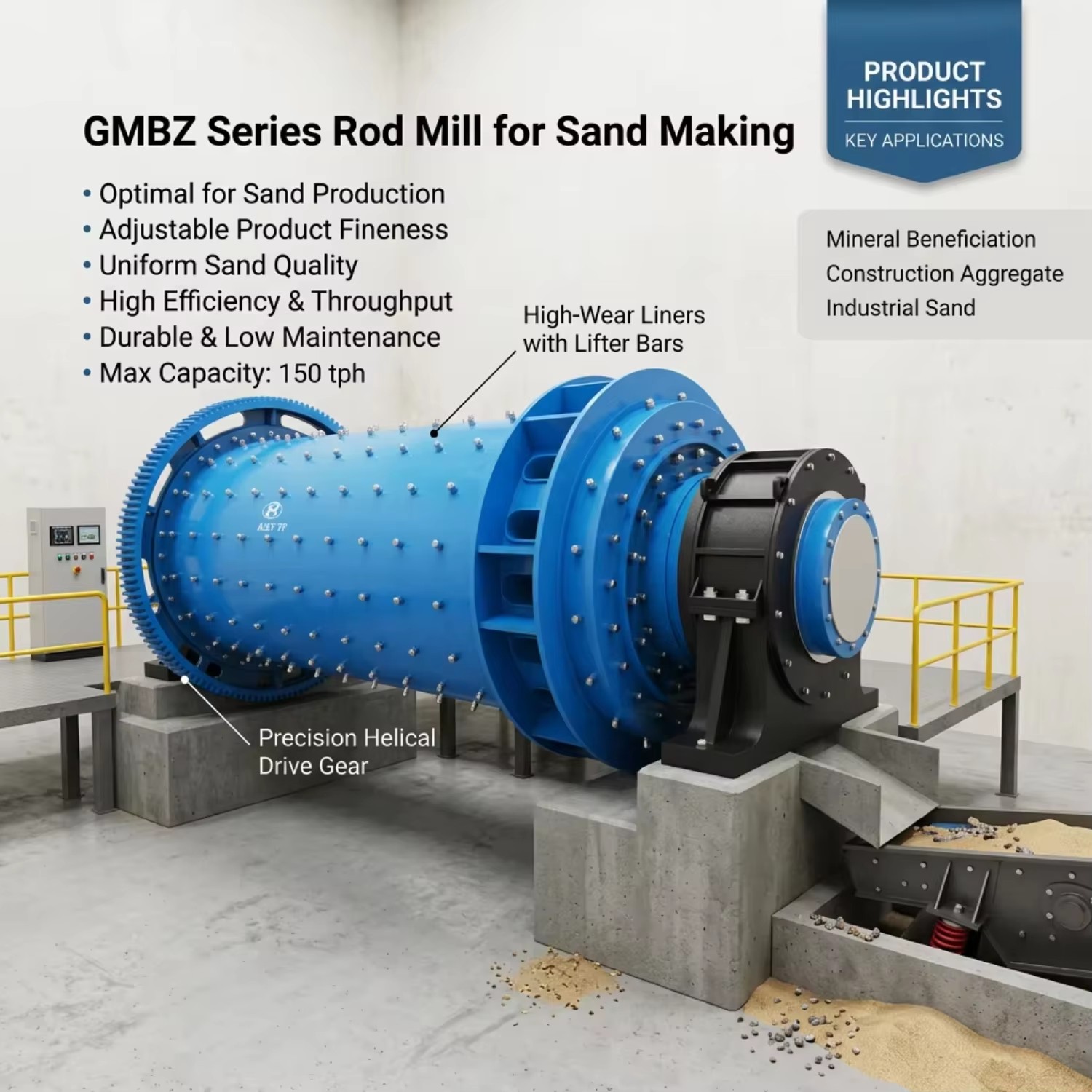Rod Mill Sand Making Machine PLC Controlled Adjustable Feed Size for Construction Sand Glass Sand Metallurgical Slag Processing