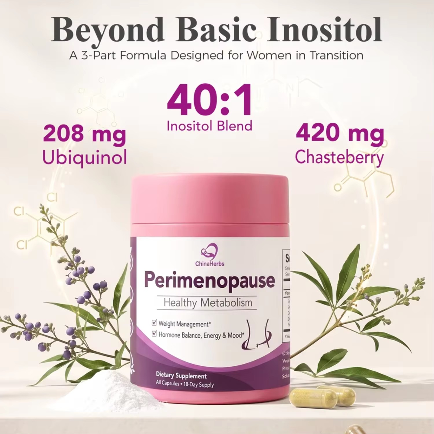 Private Label Perimenopause Support Supplement Women Hormone Balance Formula Myo Inositol Chasteberry CoQ10 GMP ISO