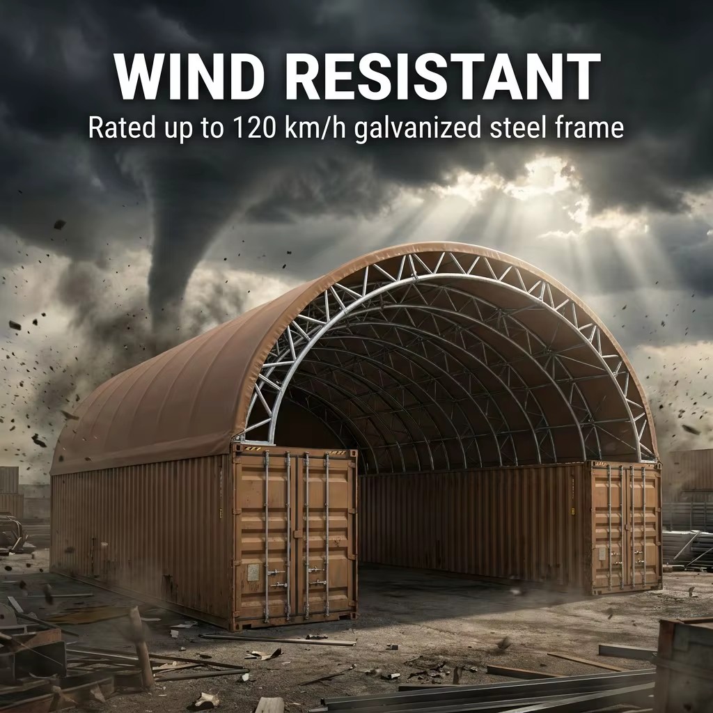 Heavy Duty Galvanized Steel 850g PVC Wind Rated Arch Container Shelter for Emergency Relief Supply Storage
