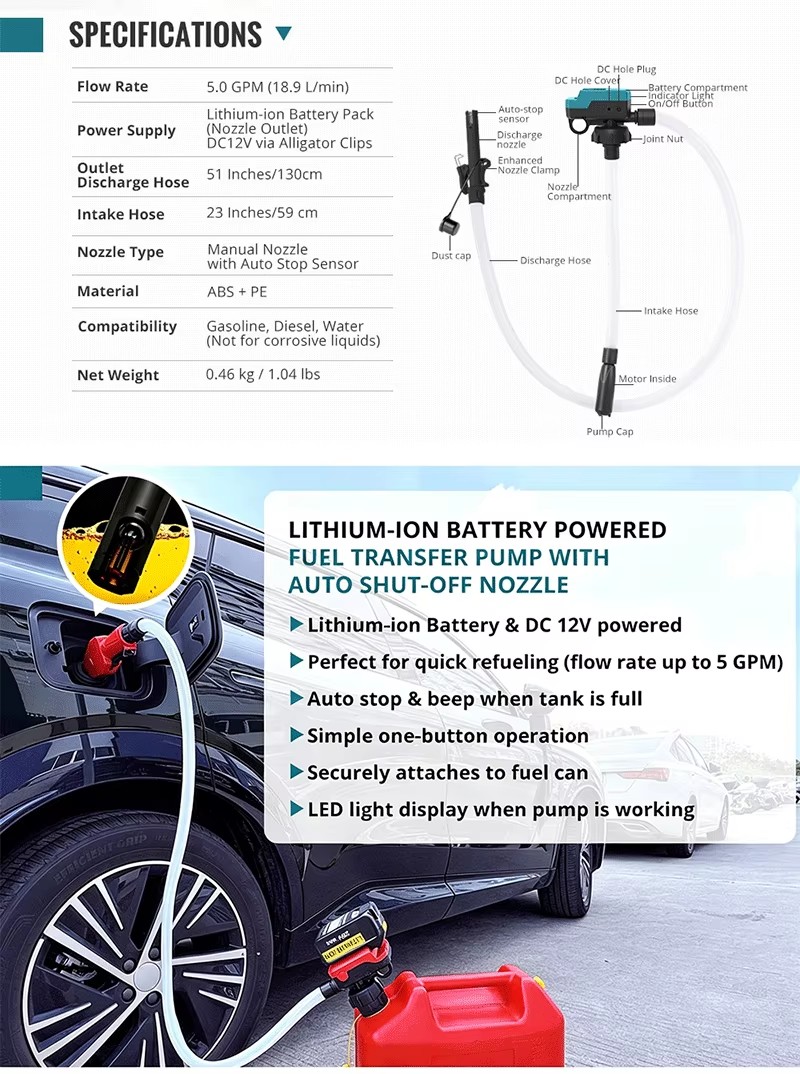 Lithium-ion Battery Barrel Gasoline Diesel Fuel Transfer Pump 5.0GPM 18.9L/min Automatic Stop Portable DC12V Fuel Transfer Pump