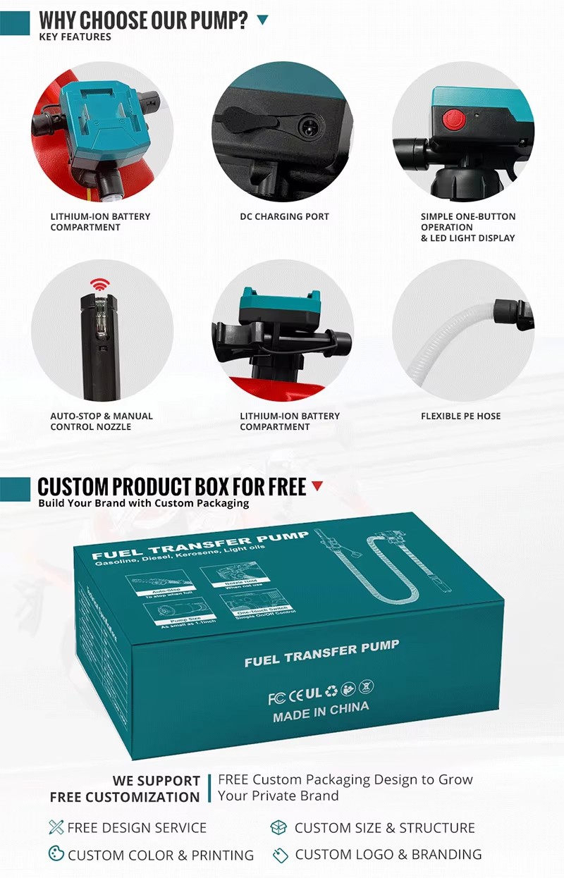 Lithium-ion Battery Barrel Gasoline Diesel Fuel Transfer Pump 5.0GPM 18.9L/min Automatic Stop Portable DC12V Fuel Transfer Pump