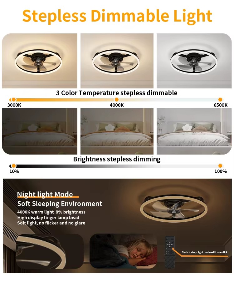 20 Inch Low Profile LED Ceiling Fan Electric Remote Control 6 Fan Speeds 3000-6500K LED Lights BLDC Motor Energy Saving Bedroom