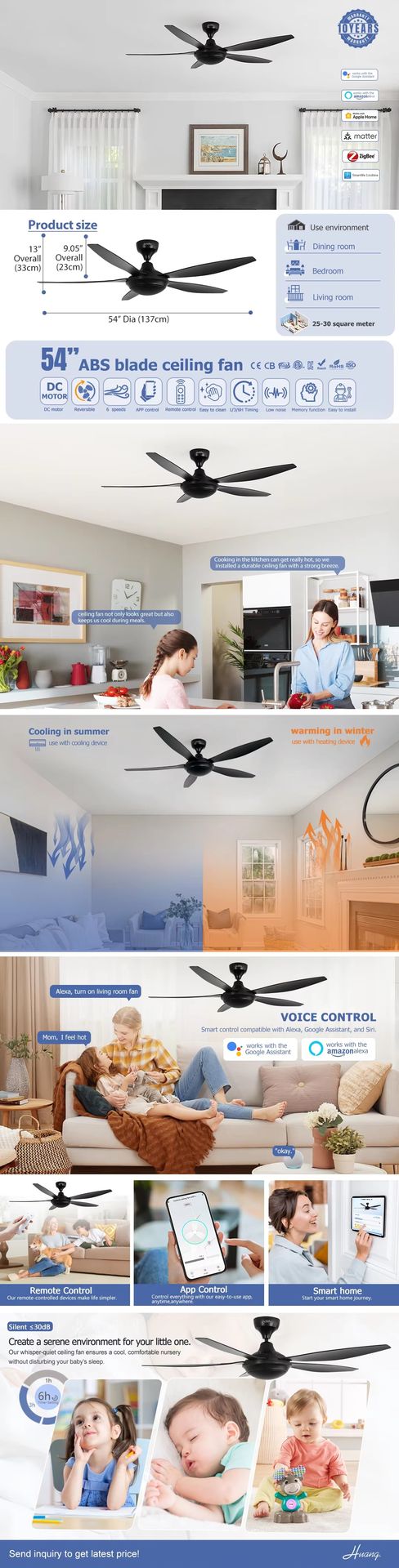 1stshine 54 Inches Big 5 ABS Blades High Airflow Energy Saving Remote Black Ceiling Fan Without Light