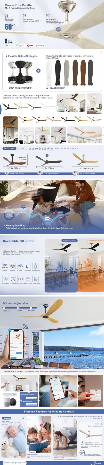 1stshine Solid Wood Commercial Simple Reversible Blades Voice Control Dimmable Wind Smart APP 6 Speeds Ceiling Fan