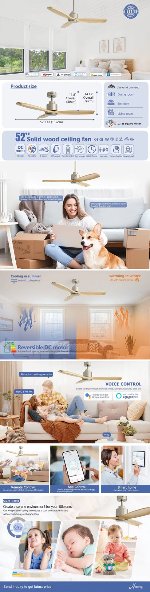 1stshine 52 Inches Contemporary Low Watt Efficient Energy Saving Wood Blade Ceiling Fan Without Light